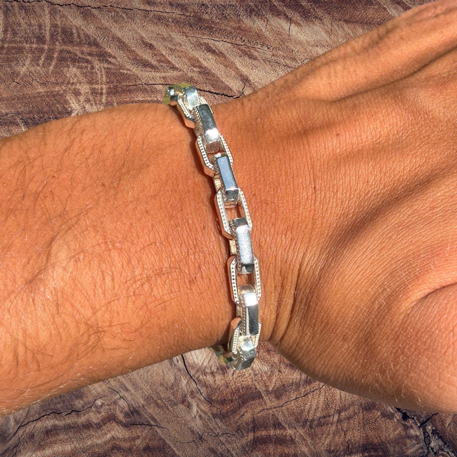 925 Sterling Silver 7mm Fancy Hermes Rolo Link Bracelet