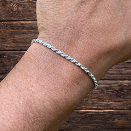 925 Sterling Silver 3mm Diamond Cut Rope Bracelet