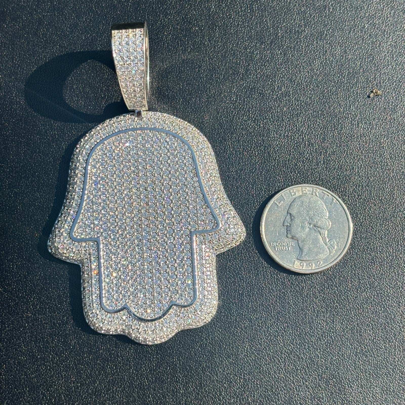 925 Sterling Silver Fully Iced Out Hamsa Pendant With Moissanite - Large