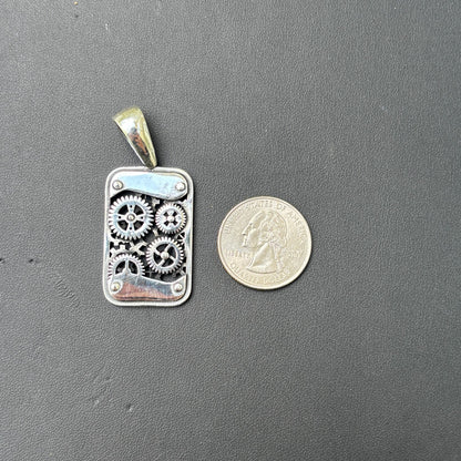 925 Sterling Silver Gears On A Dog Tag Pendant