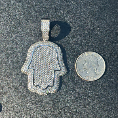 925 Sterling Silver Fully Iced Out Hamsa Pendant With Moissanite - Medium
