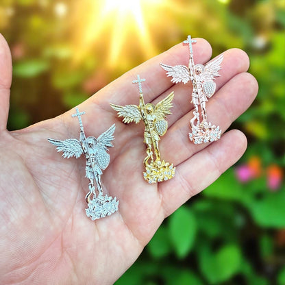 925 Sterling Silver St Michael Pendant With Moissanite - Medium