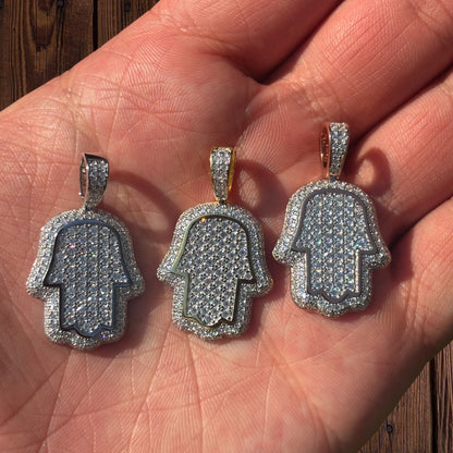 925 Sterling Silver Fully Iced Out Hamsa Pendant With Moissanite - Small