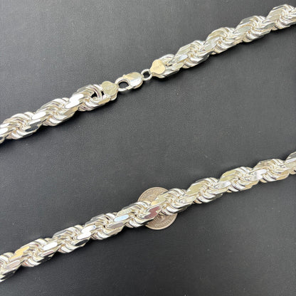 925 Sterling Silver 12.5mm Diamond Cut Rope Chain Necklace