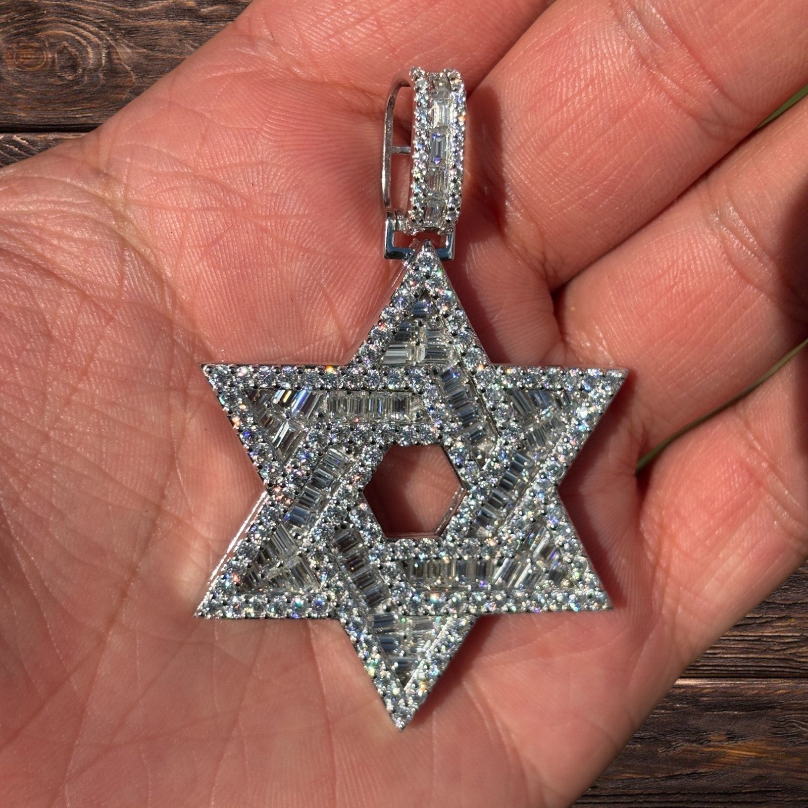 925 Sterling Silver Baguette Moissanite Star Of David Pendant - Large