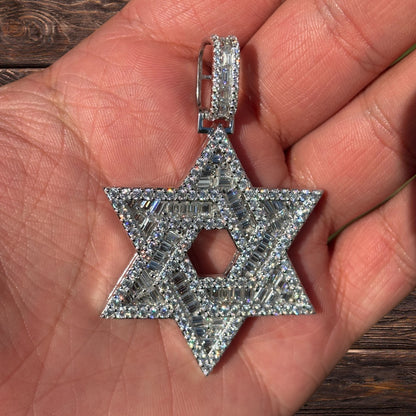 925 Sterling Silver Baguette Moissanite Star Of David Pendant - Large