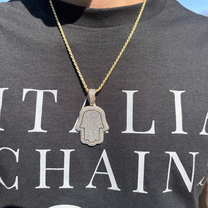 925 Sterling Silver Fully Iced Out Hamsa Pendant With Moissanite - Medium