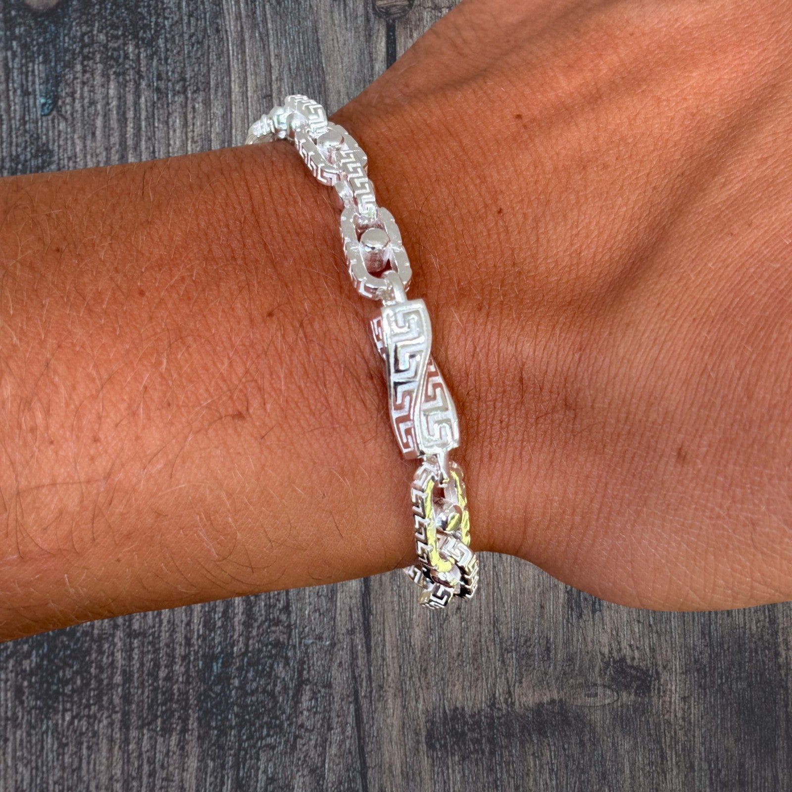 925 Sterling Silver 7mm Greek Key Rolo Link Bracelet