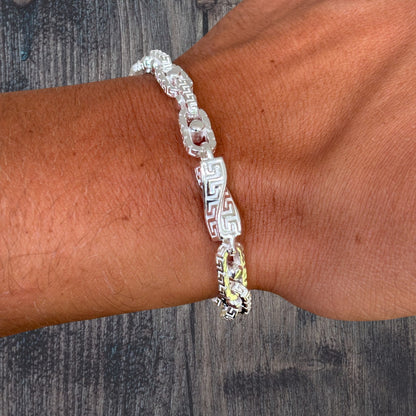 925 Sterling Silver 7mm Greek Key Rolo Link Bracelet