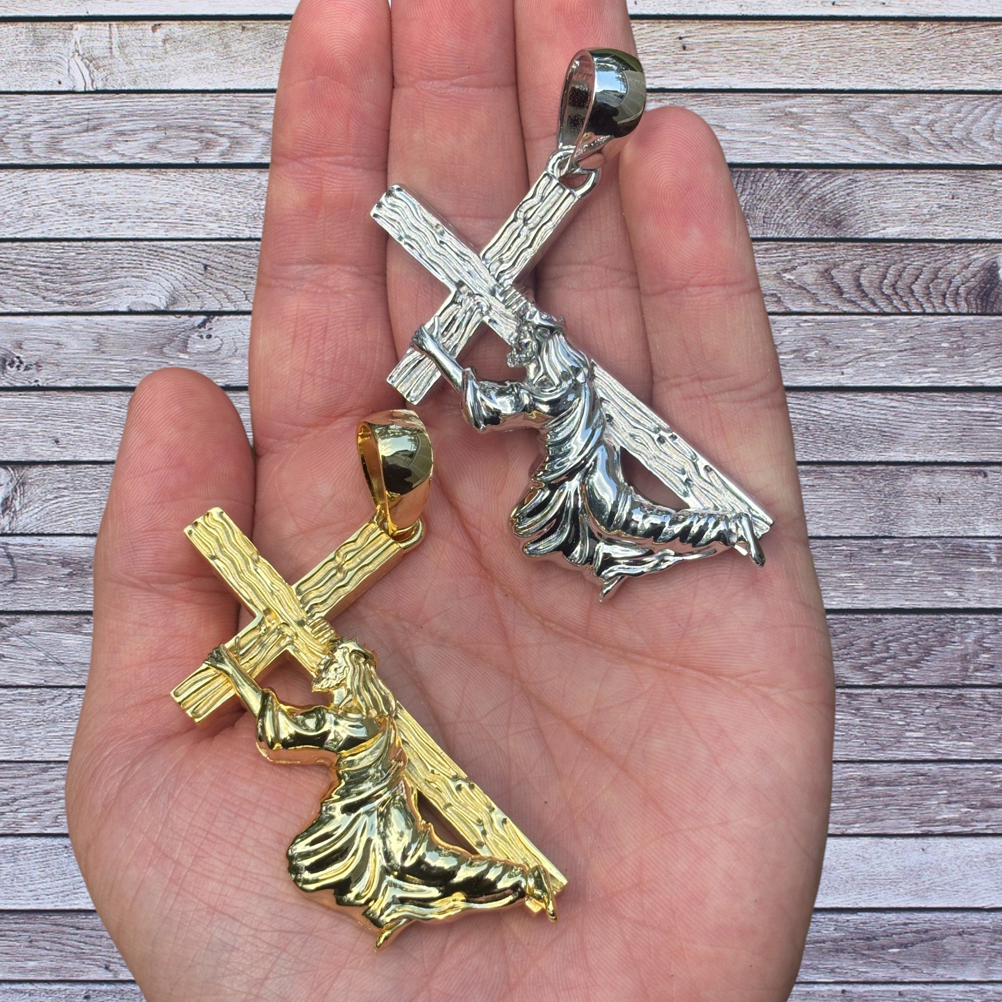 925 Sterling Silver Jesus Carrying Cross Pendant - Large