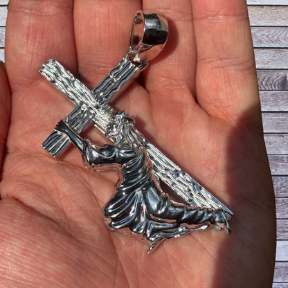 925 Sterling Silver Jesus Carrying Cross Pendant - Large