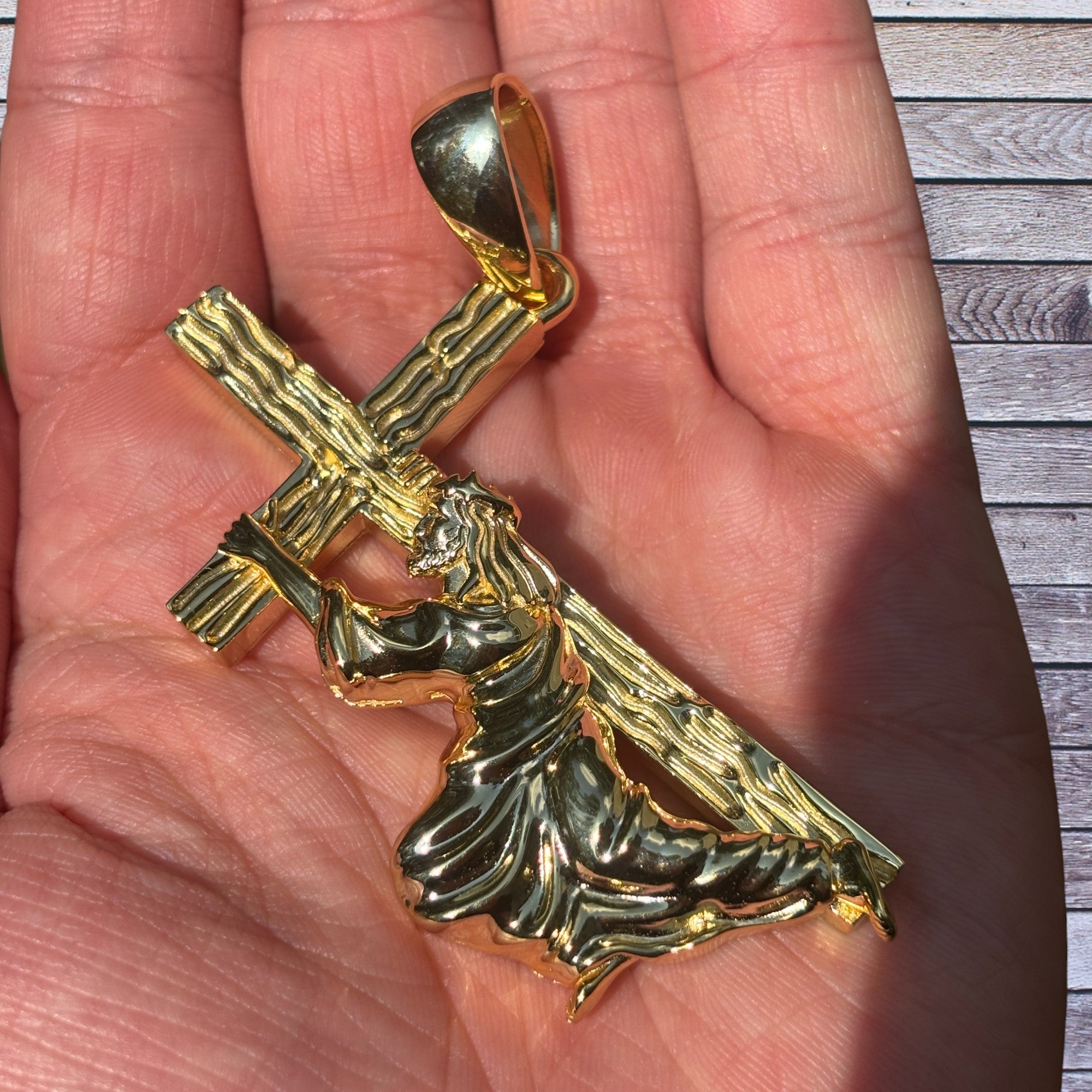 925 Sterling Silver Jesus Carrying Cross Pendant - Large