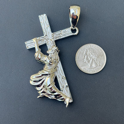 925 Sterling Silver Jesus Carrying Cross Pendant - Large