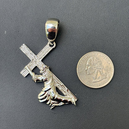 925 Sterling Silver Jesus Carrying Cross Pendant - Medium