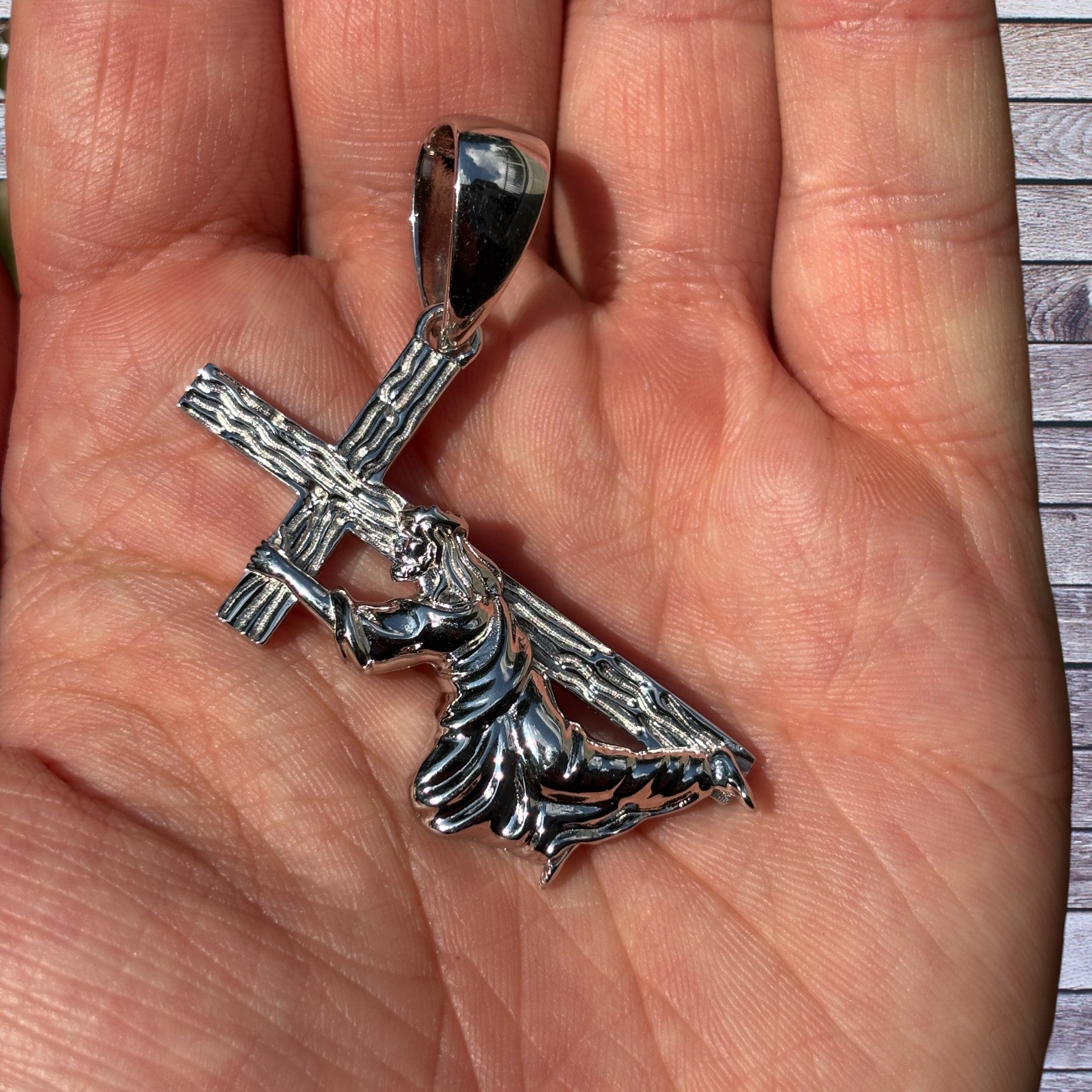 925 Sterling Silver Jesus Carrying Cross Pendant - Medium