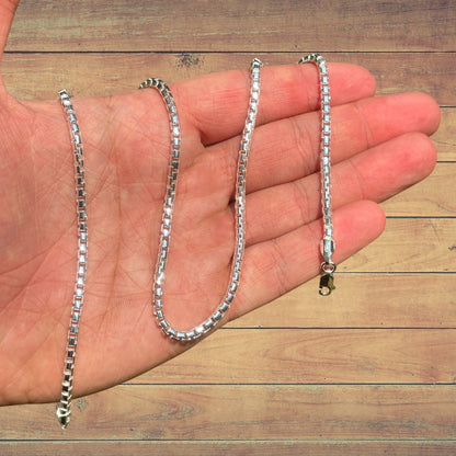 925 Sterling Silver 3mm Rounded Box Chain Necklace