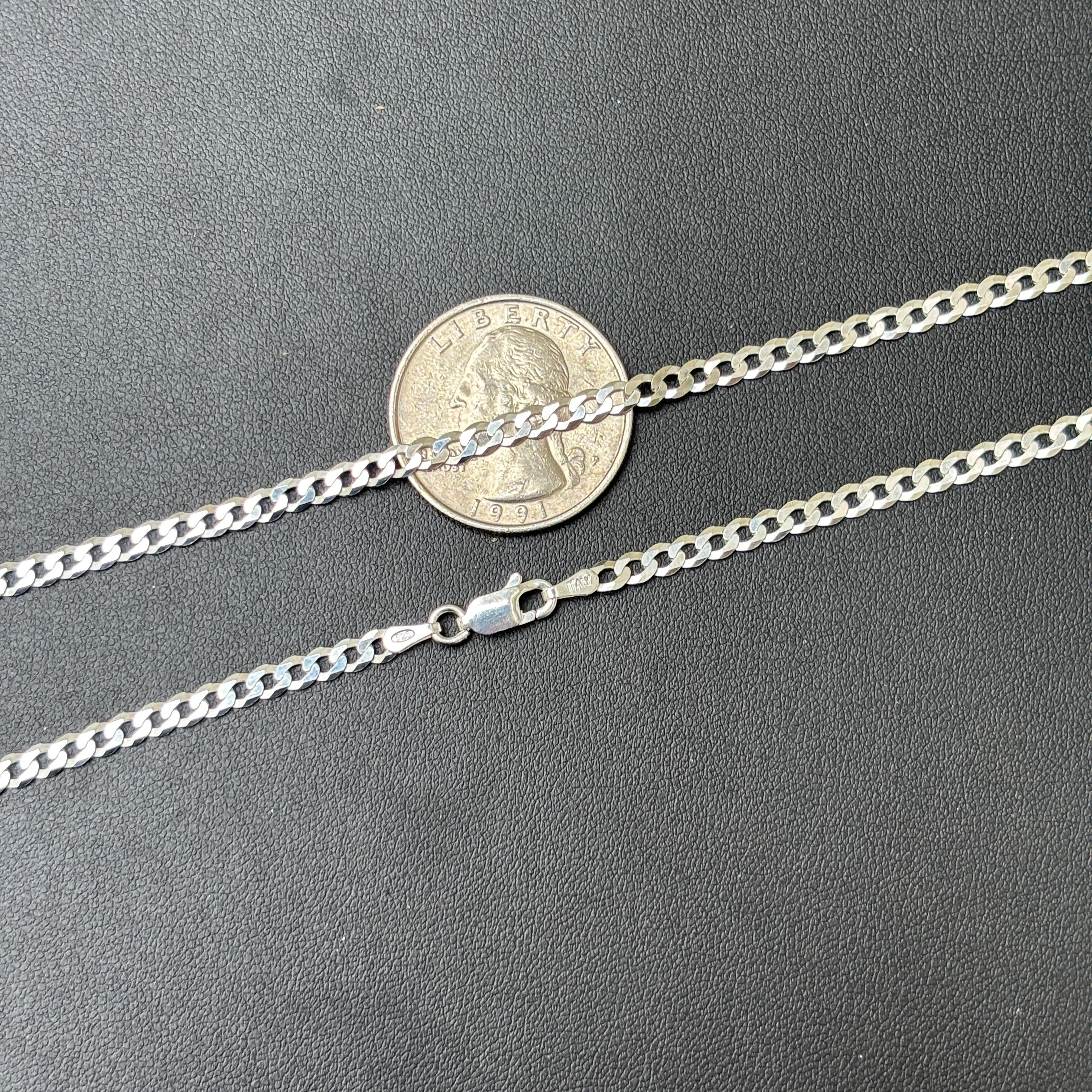 925 Sterling Silver 3mm Flat Curb Cuban Chain Necklace