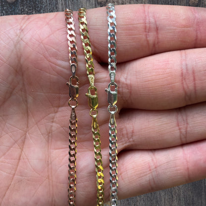 925 Sterling Silver 3mm Flat Curb Cuban Chain Necklace