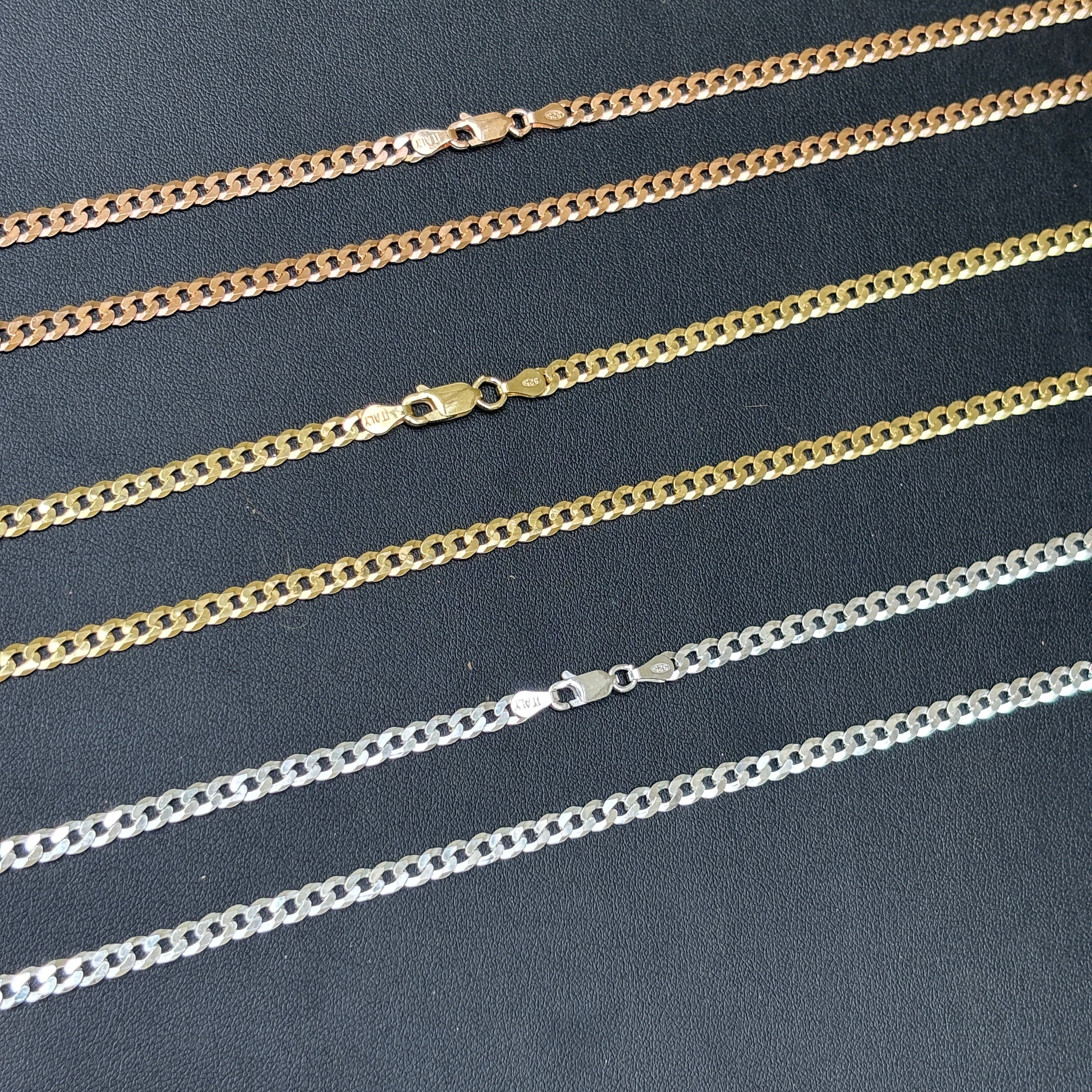 925 Sterling Silver 4mm Flat Curb Cuban Chain Necklace