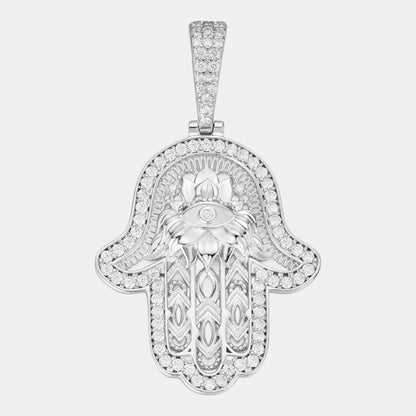 925 Sterling Silver Hamsa Hand Pendant With Moissanite - Large