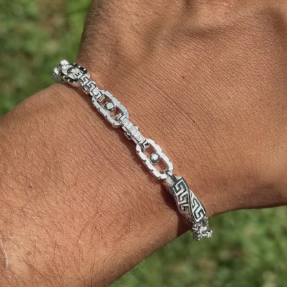 925 Sterling Silver 7mm Greek Key Rolo Link Bracelet