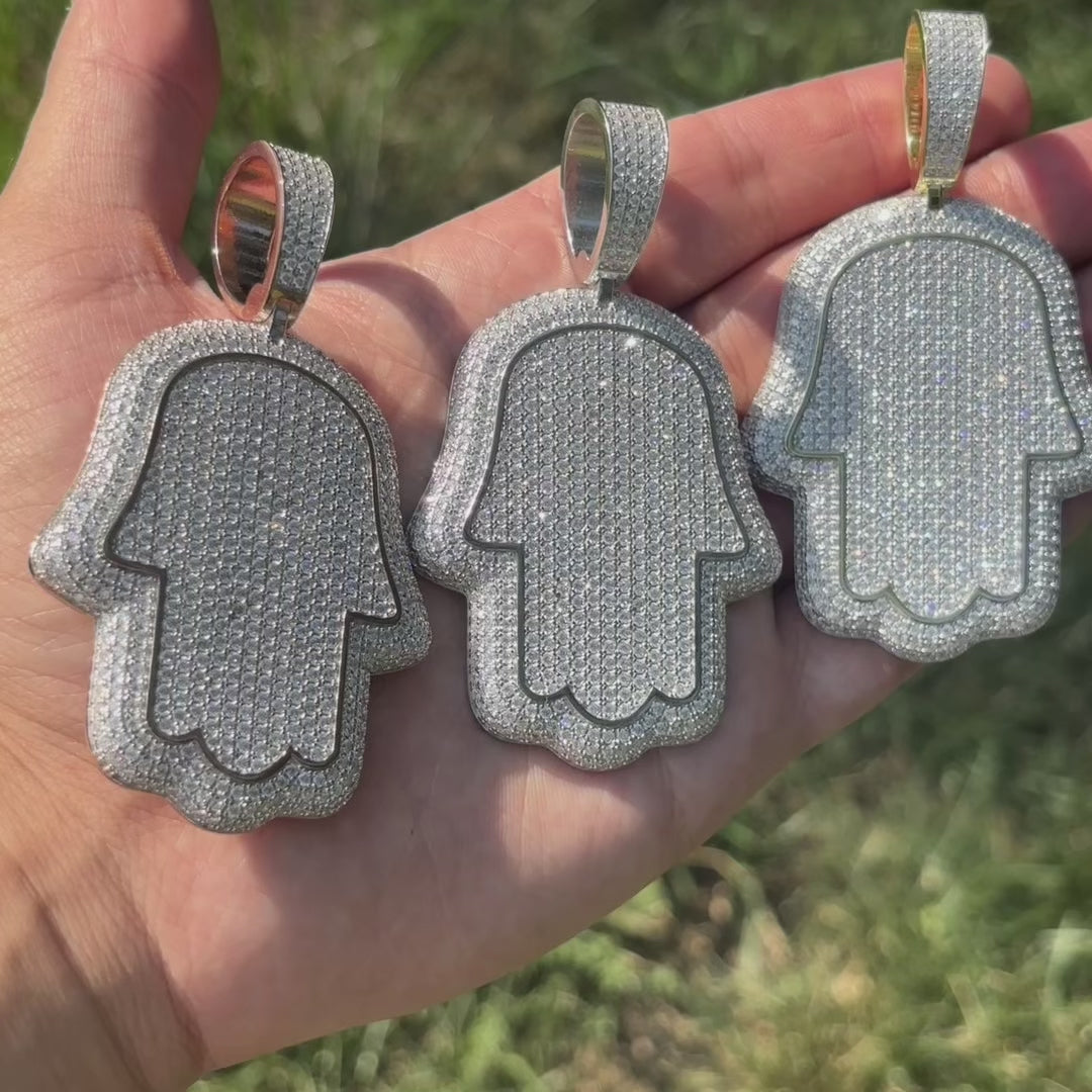 925 Sterling Silver Fully Iced Out Hamsa Pendant With Moissanite - Large