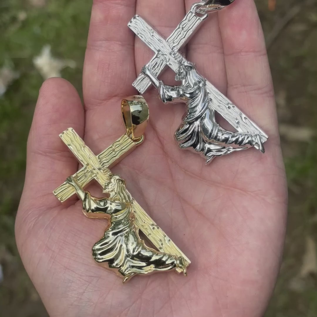 925 Sterling Silver Jesus Carrying Cross Pendant - Large