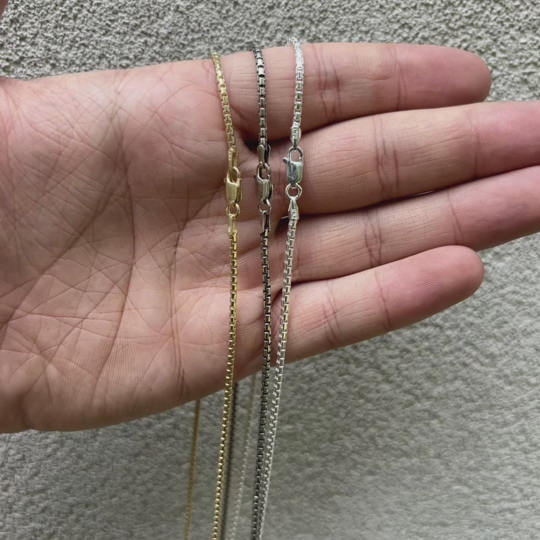 Load video: 2mm 925 sterling silver rounded box chain—sleek, durable design with smooth edges, ideal for everyday wear or pairing with pendants.