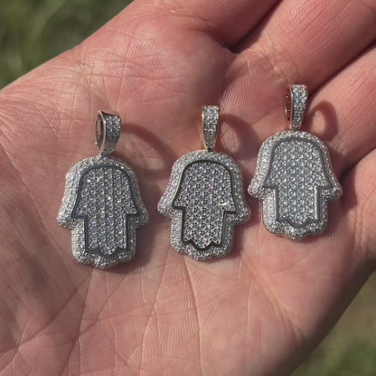 925 Sterling Silver Fully Iced Out Hamsa Pendant With Moissanite - Small