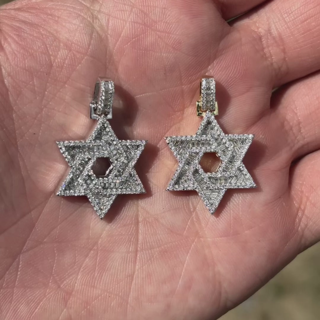 925 Sterling Silver Baguette Moissanite Star Of David Pendant - Small