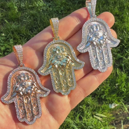 925 Sterling Silver Hamsa Hand Pendant With Moissanite - Large