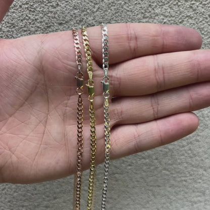 925 Sterling Silver 3mm Flat Curb Cuban Chain Necklace