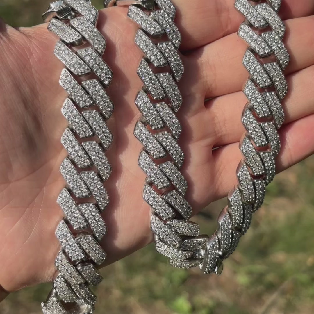 925 Sterling Silver 20mm Moissanite Miami Cuban Prong Chain Necklace