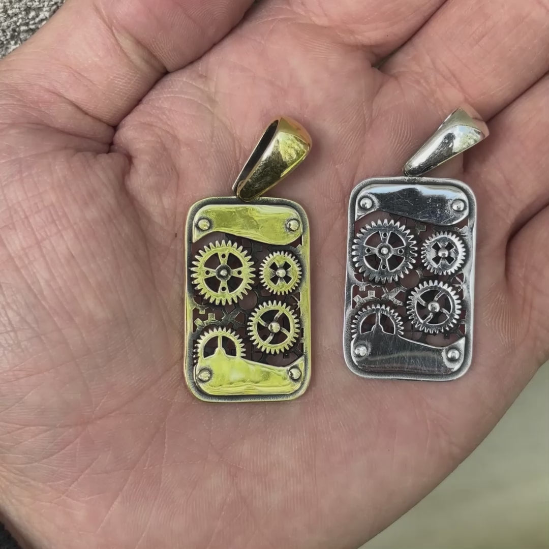 925 Sterling Silver Gears On A Dog Tag Pendant