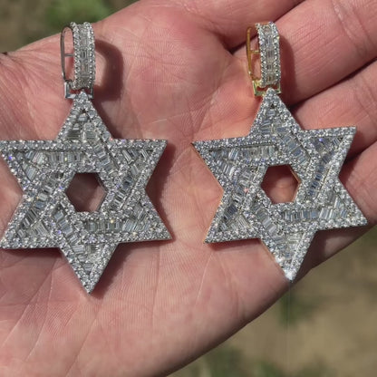 925 Sterling Silver Baguette Moissanite Star Of David Pendant - Large