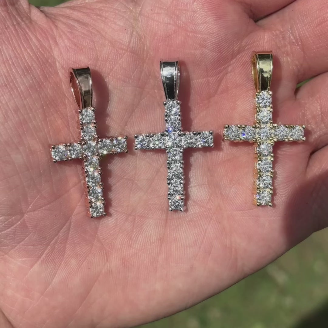 925 Sterling Silver Small Tennis Cross Pendant With Moissanite - Medium