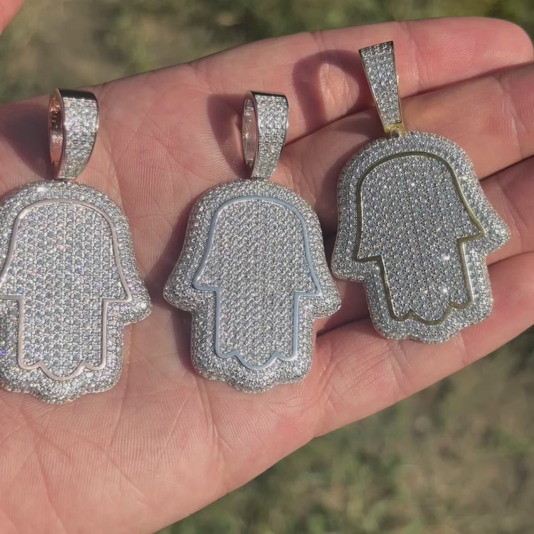 925 Sterling Silver Fully Iced Out Hamsa Pendant With Moissanite - Medium