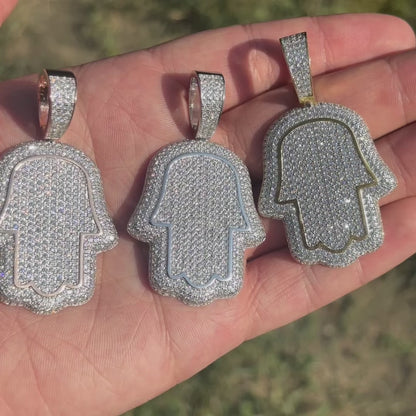 925 Sterling Silver Fully Iced Out Hamsa Pendant With Moissanite - Medium