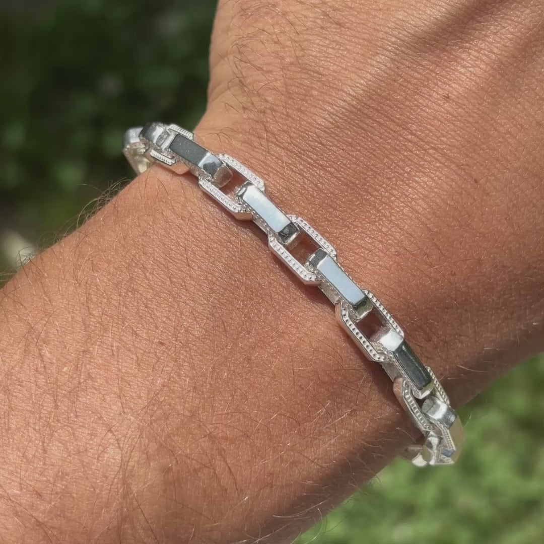 925 Sterling Silver 7mm Fancy Hermes Rolo Link Bracelet